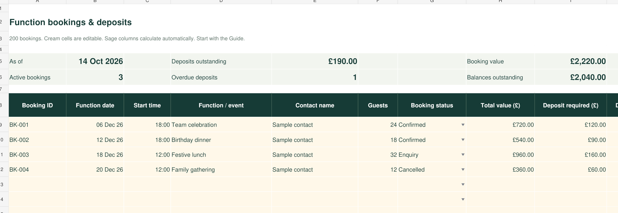 Actual StackLedger booking workbook, shown with sample entries